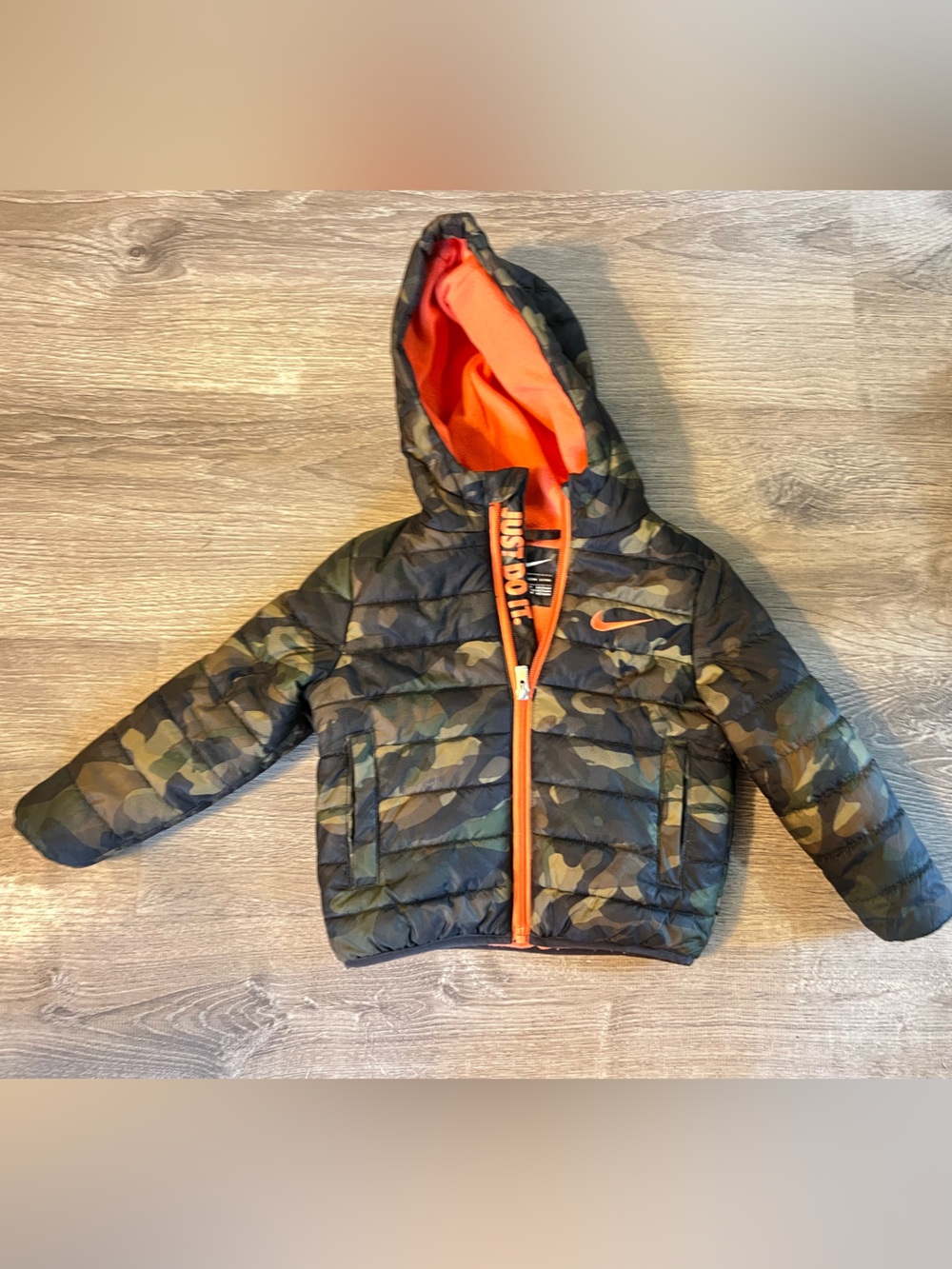 Nike Kids Camo Puffer Jacket with Bright Orange Lining